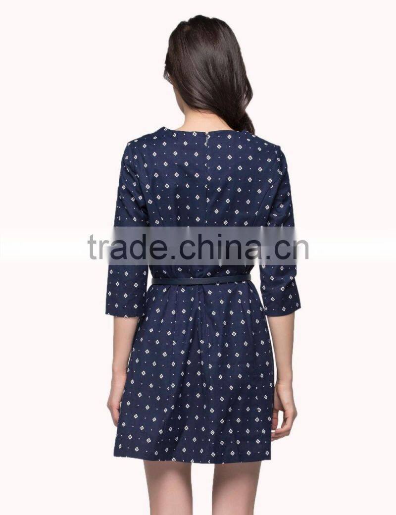 Girls navy polka Dot mini v-neck long sleeve A-line dress with leather belt