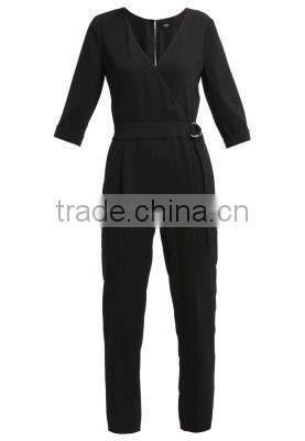 Casual black v-neck with belt one piece suit design trousers