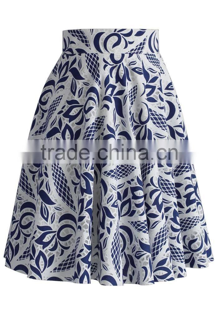2016 Guangzhou Shandao Manufacturer High Quality Women Summer Ruffle A Line Vintage Printed Satin Pictures Fashionable Skirts