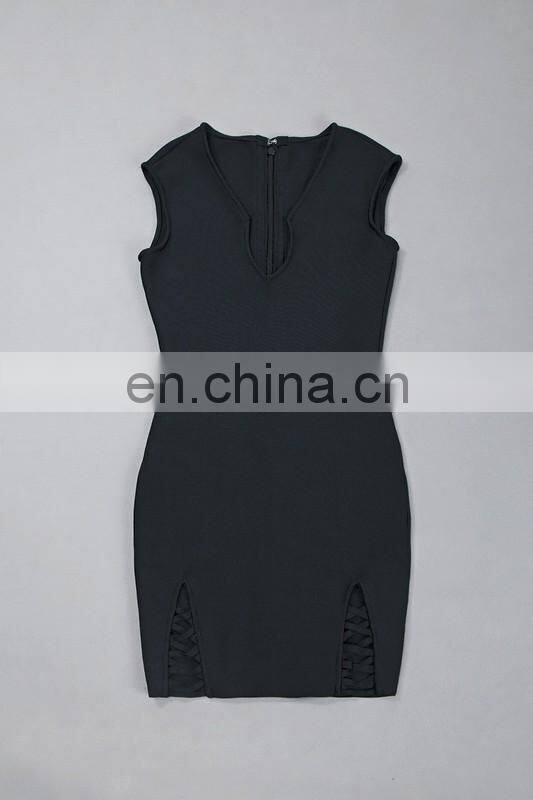 Latest Dresses Design Women Sexy Sleeveless Deep-V Black Short Tight Mini Dress Club Party Dress