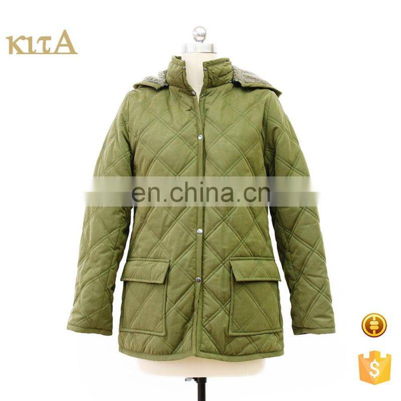 Women warm fake fur lining winter hooded quilted jacket