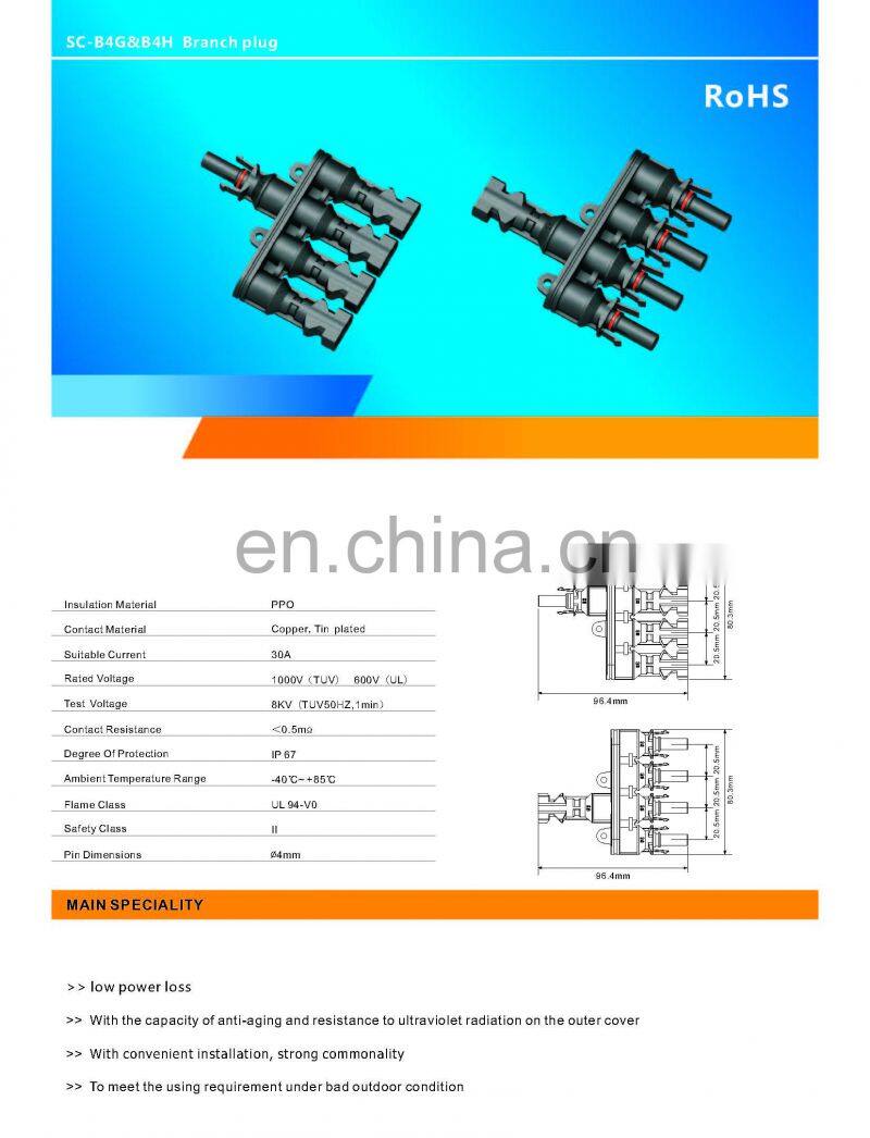 Solar Cable Panel 1500V 4in 1 DC Branch Connector  2020 New Product