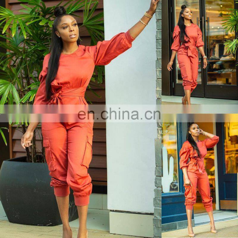 Wholesale custom women's suits long sleeve loose solid color casual and comfortable Lantern sleeve jumpsuit fashion