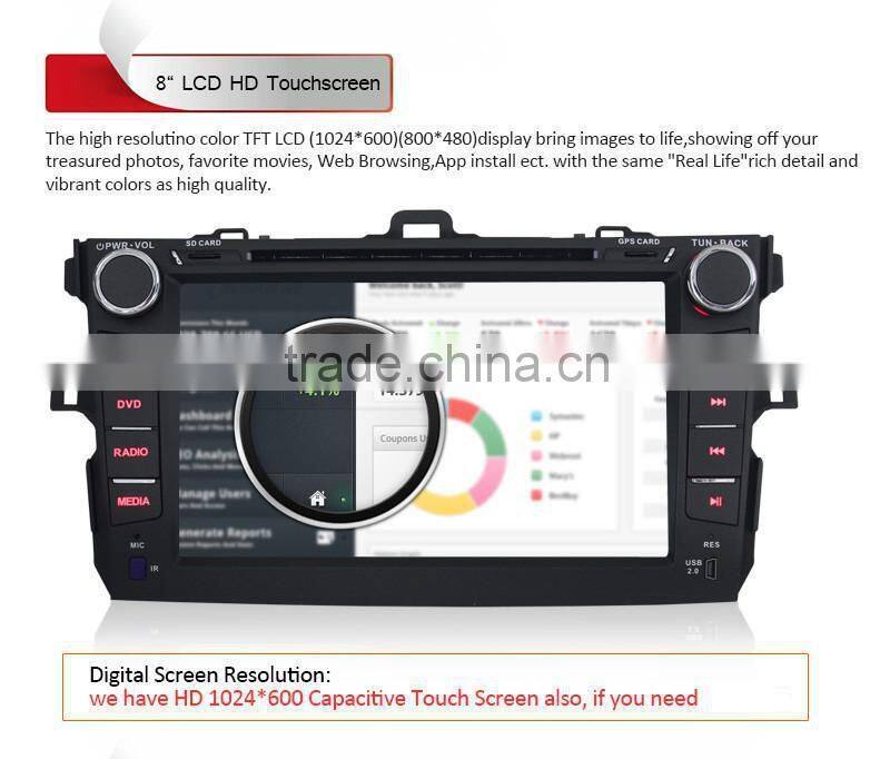 Pure Android 4.4 HDCapacitive 8" Touch Screen Car Audio Radio for Toyota corolla GPS NAVI , WIFI,BLUETOOTH,SWC,MP3,USB,SD,AUX,3G