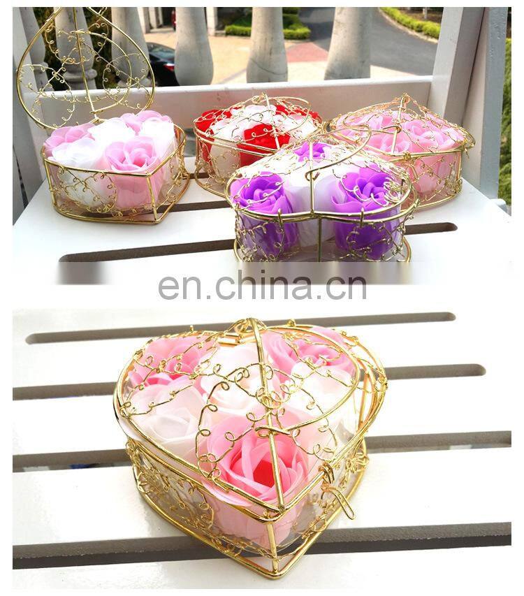 6pcs Soap Rose Flowers Gift Box Iron Basket Small Bouquets Gift Box Heart Shape Christmas Wedding Party Valentine's Day Gifts