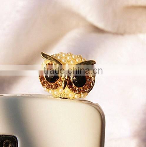 bling owl earphone cap, crystal anti dust plug, 3.5mm Rhinestones Night Owl Pattern Cellphone Charms