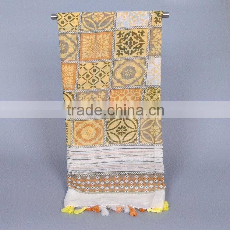 Yellow Leaf Flower Print Women Ladies Tassel Viscose Hijab Scarf Muslim
