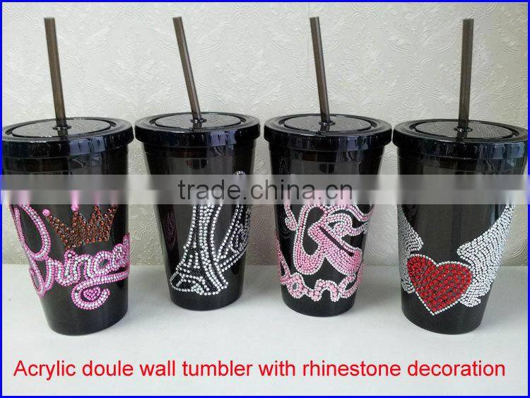 BPA free Acrylic double wall 16 oz tumblers with straw and LED light FDA standard PVC or rhinestone decoration mugs