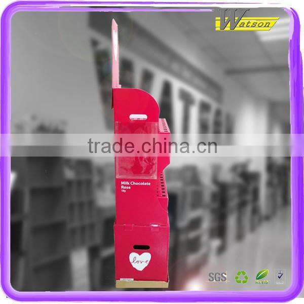 Supermarket retail cardboard chocolate wall display shelves with plastic bag