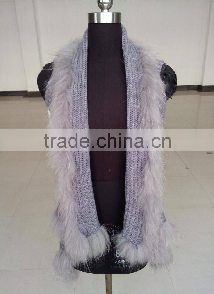 QD80274 2015 New Design Free Size Sweater Knitted Raccoon Fur Cardigan Vest