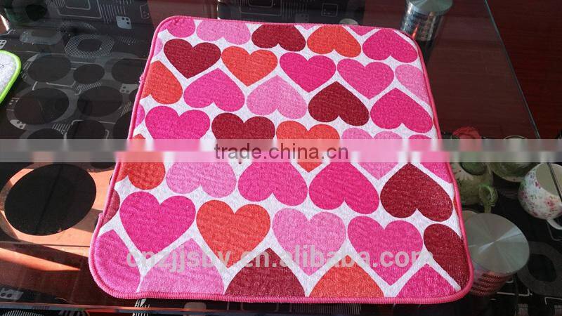 Dish Drying Mat (Heart-shaped Printed Terry Cloth+Stripe Terry Cloth+5mm Sponge)