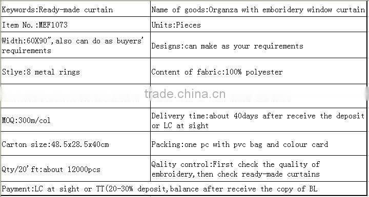 100% polyester organza with embroidery Windown Curtain