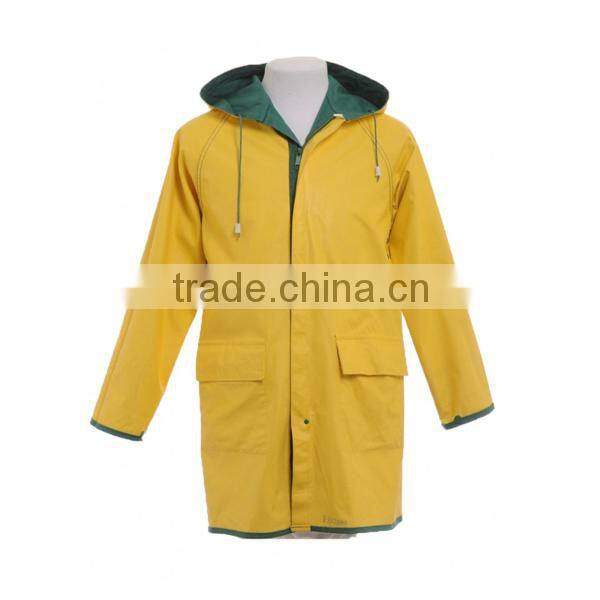 100% waterproof hood yellow PVC/polyester raincoat