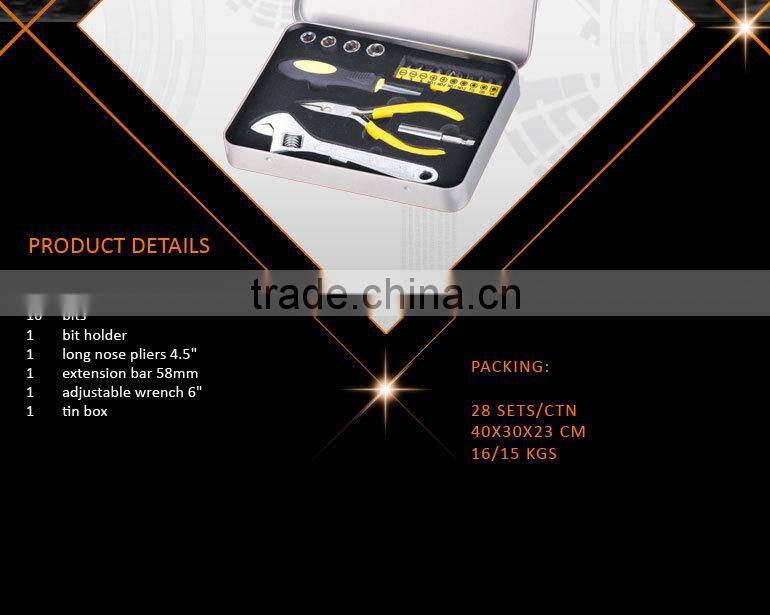 19pcs Mechanic tool set 1/4'' Dr. sockets bit holder 4.5'' long nose plier 6'' adjutable wrench