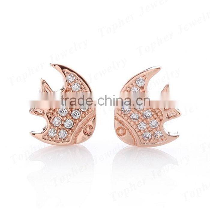 925 silver silver fish shape stud earring pave setting rhodium plated