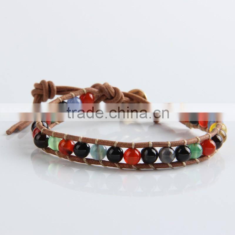 6mm natural mixed color agate leather bracelet custom made, leather braided bracelet, new style bracelet