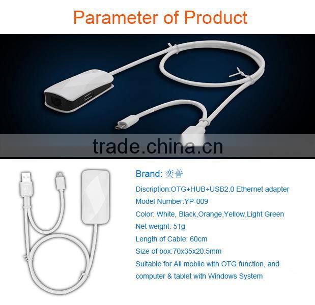Patent products USB 2.0 to rj45 Ethernet adapter with OTG cable & 2 ports HUB for Chromebook Pixel plug and play