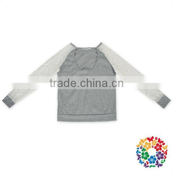 2017 wholesale women lace sleeve grey cotton shirt
