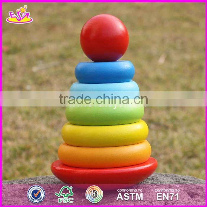 2017 new design colorful rainbow town kids wooden stacking rings toy W13D136