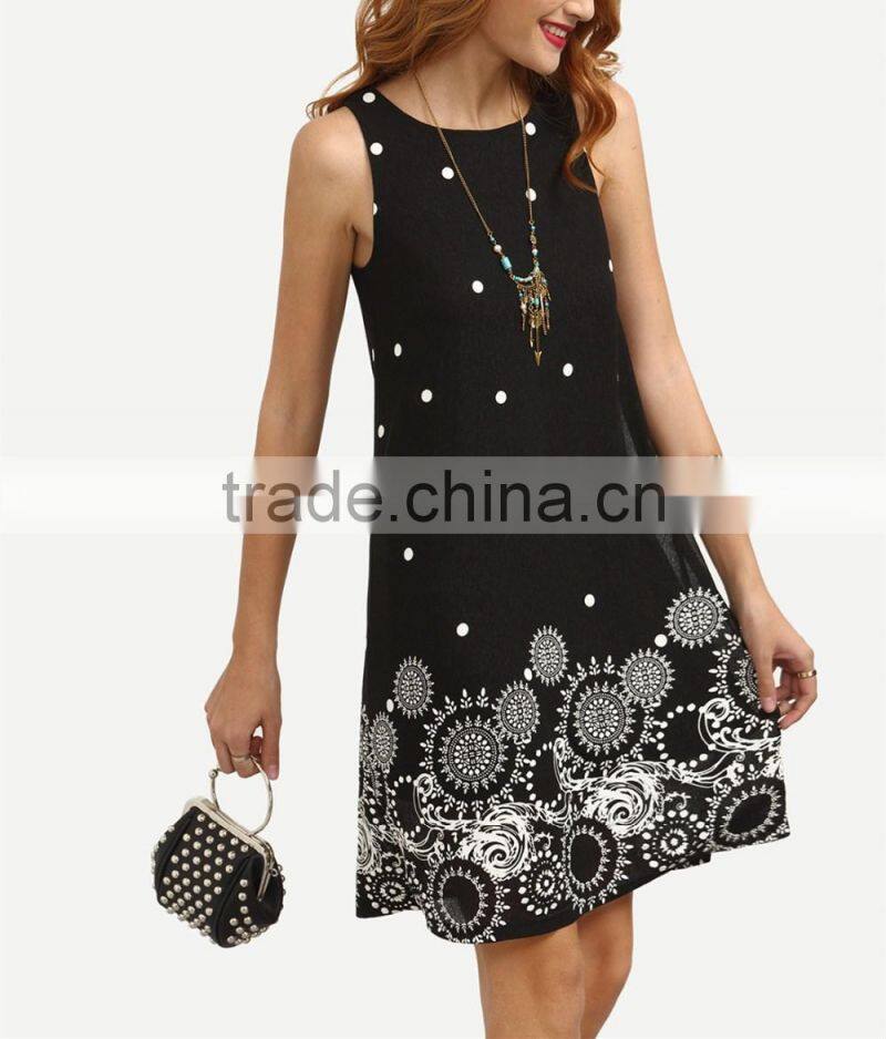 Casual Dresses For Women 2016 Summer Ladies Black Polka Dot Print Sleeveless Round Neck Short Shift Dress