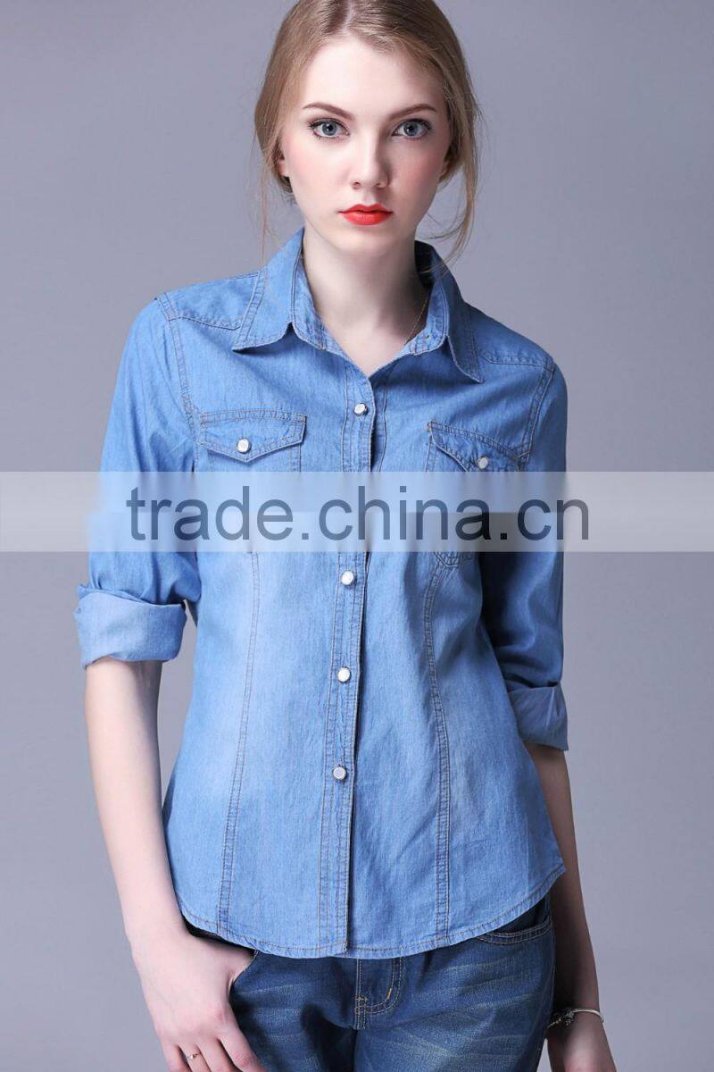 Wholesale factory price brand ladies casual jeans fabric sexy fancy denim shirt women