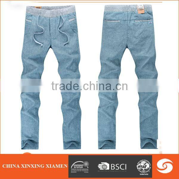 men elastic waistband light blue fashion OEM casual jeans