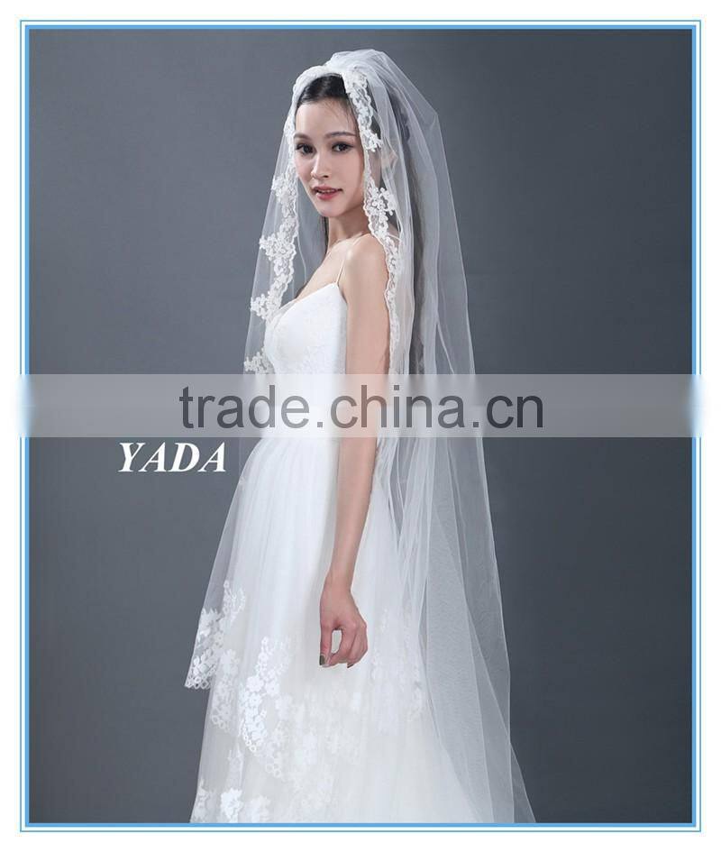 Spaghetti Strap Lace Sexy Low Back 5 Layers Ruffles Wedding Dress with Bridal Mantilla Veil