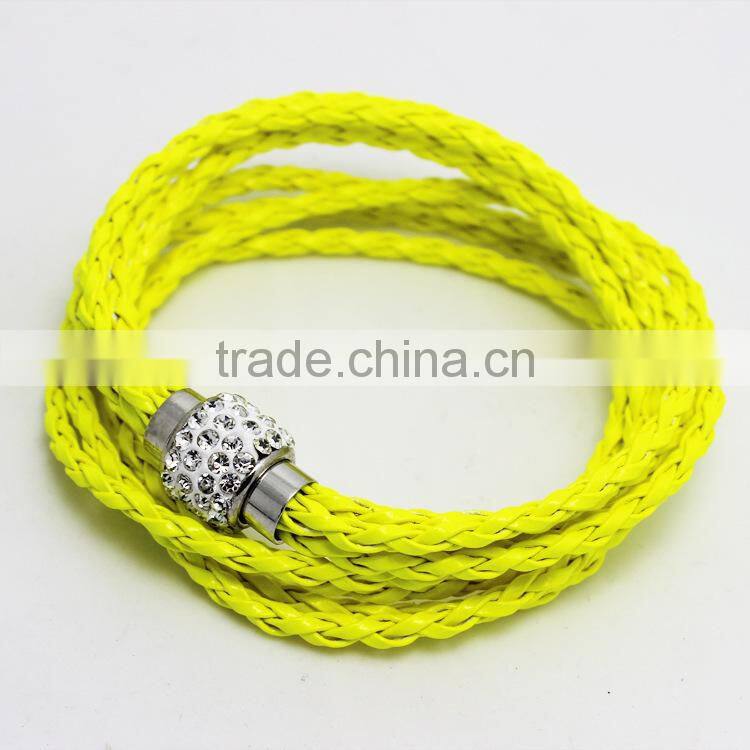 Leather Wrap Wristband Cuff Punk Magnetic Rhinestone Buckle Bracelet Bangle