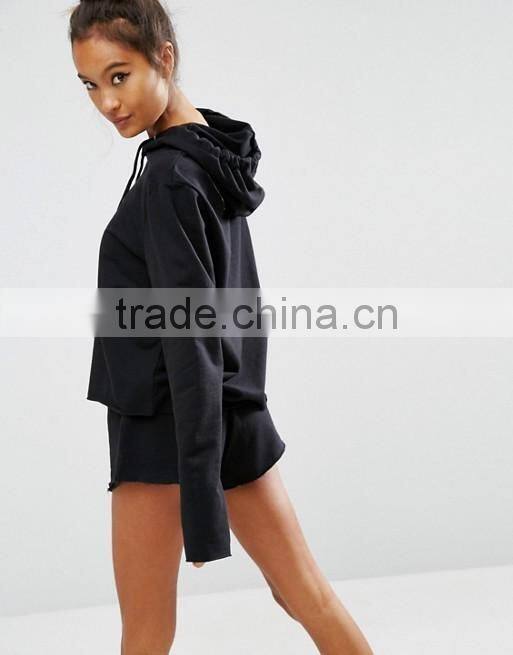 Lounge Raw Cut Hoodie Womens Crop Hoodies Custom Crop Top Black 70% Cotton 30% Polyester Plain Cropped Pullover Hoodie