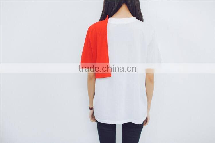 Women's college in the summer of wind loose color matching small round collar T-shirt female cotton short sleeve blouse