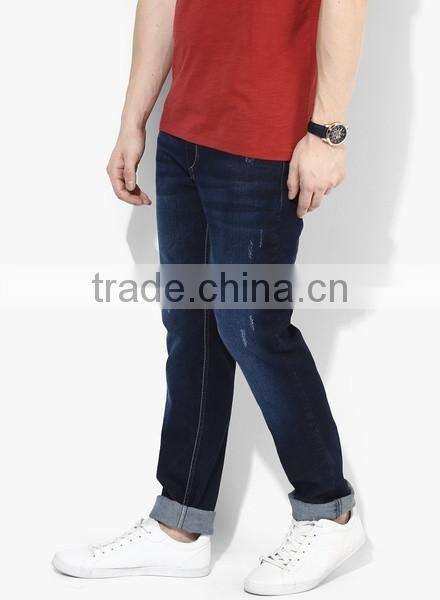 Man Latest Denim Washed Navy Jeans Mid Rise Regular Fit Denim Jeans