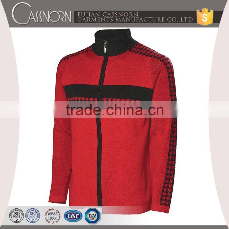 new arrival mock-neck zip-up swallow gird jacquard merino wool sweater men