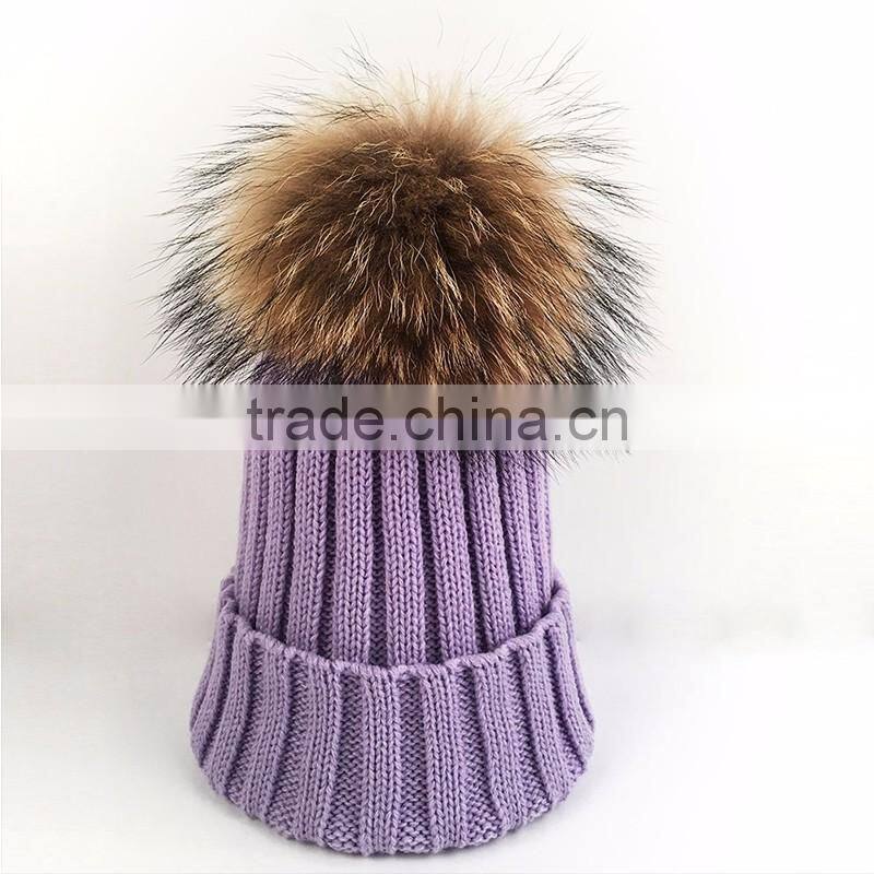 Myfur Cute Lavender Real Raccoon Fur Ball Flip Up Brim Hat