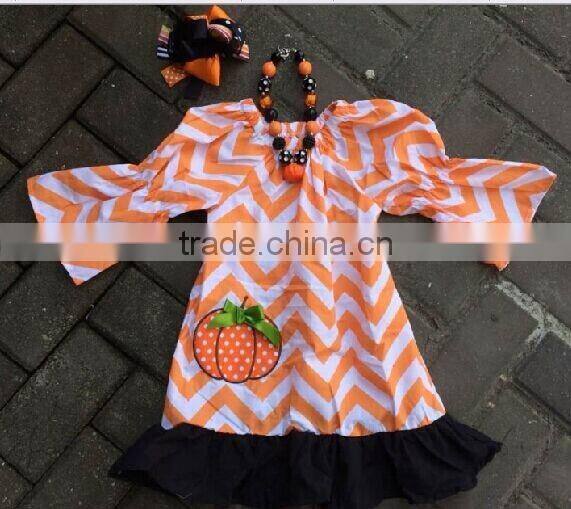 baby girls Halloween orange chevron dress with matching hair bows and chunky necklace set