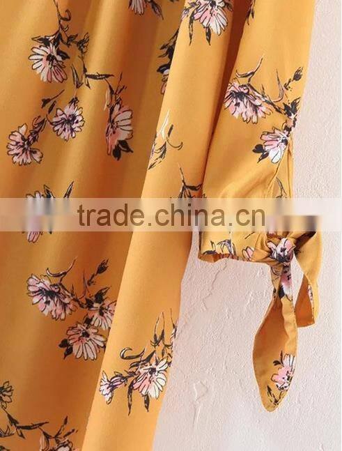 2017off shoulder long sleeve floral printed dress loose yellow dress