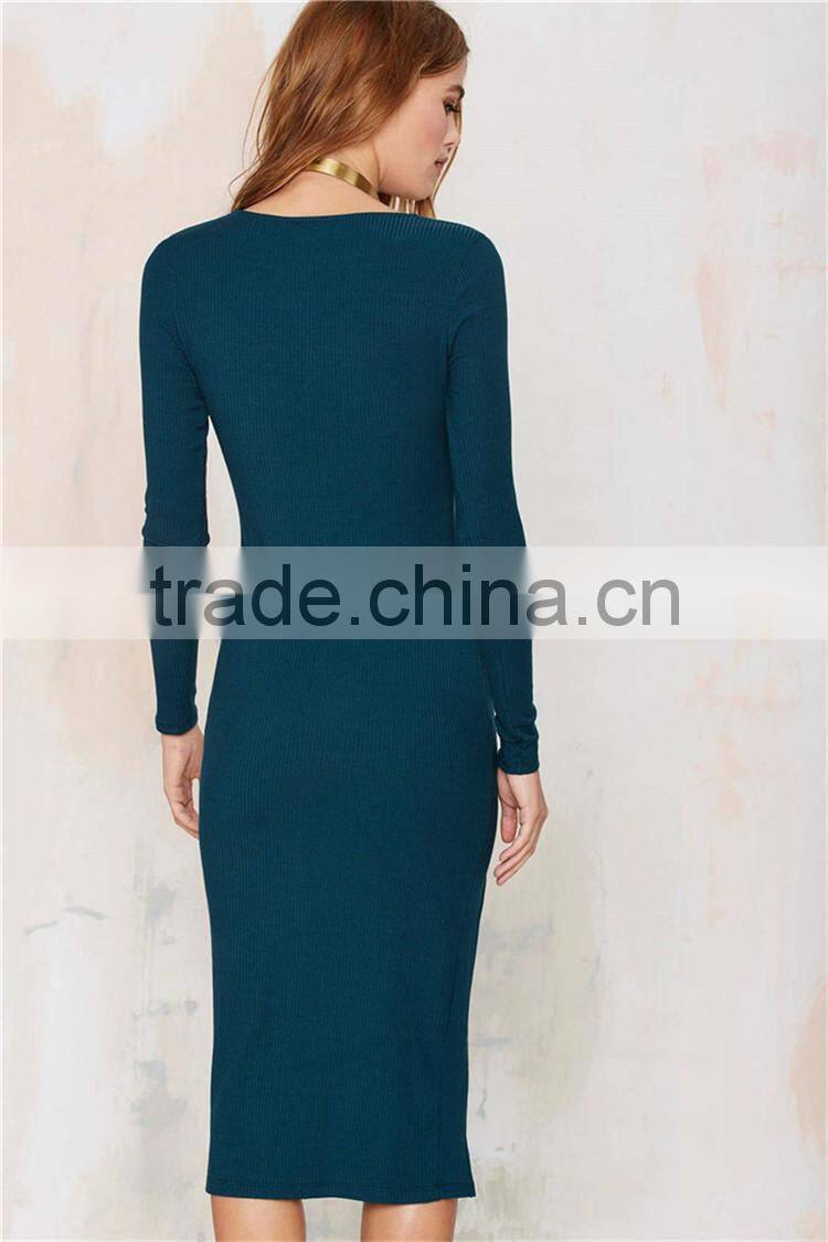 Women New Model Ladies Emerald Green Plunging Neckline Midi Bandage Long Sleeve Prom Dress
