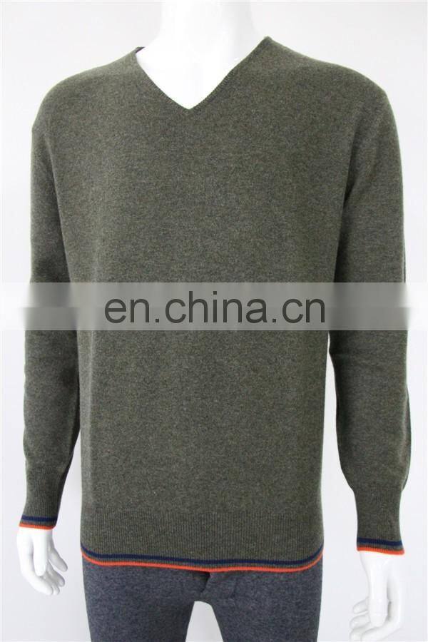 High Quality 12GG casual men's v-neck 100% cashmere sweater with elbow patches