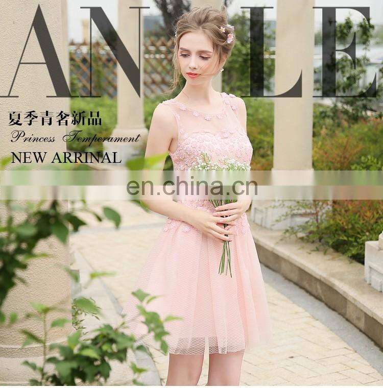 HS1616 Knee Length Evening Party Pink Flower Appliqued Bridal Dress Bridesmaid Gowns