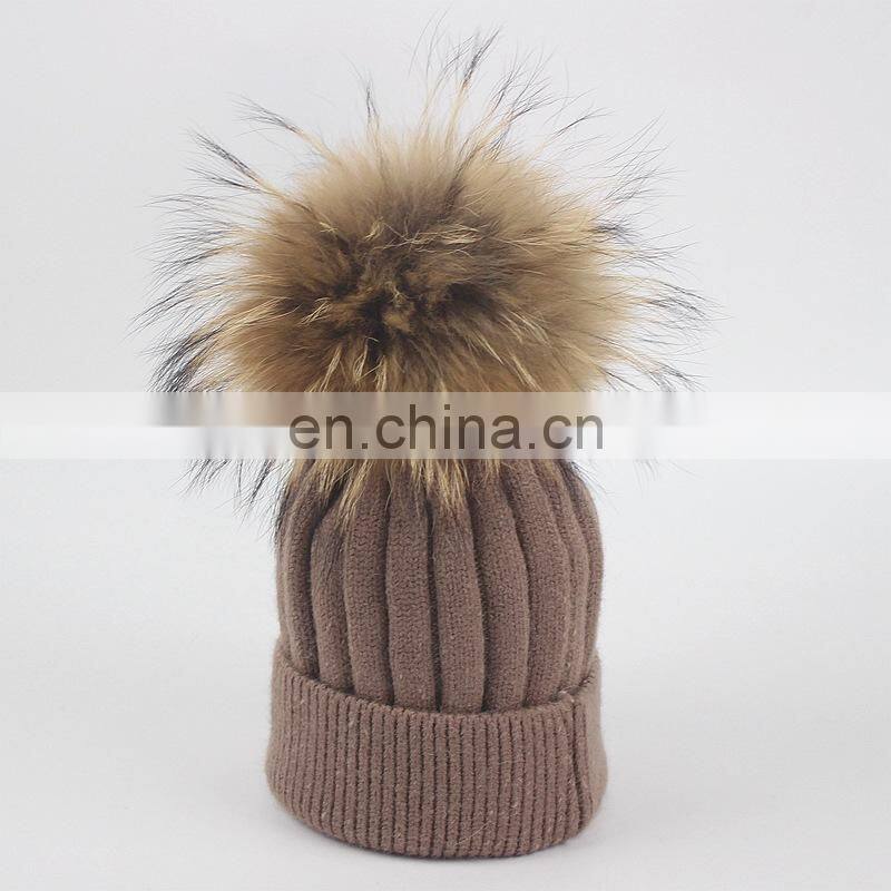 Top Quality Big Fur Pom Pom Kids Hats Raccoon Fur Balls Baby Knitted Hat