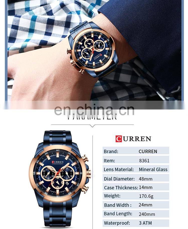 CURREN 8361 Classic 24 Hours Chronograph Stainless Steel Back Watch Japan Quartz Cool Watches For Men