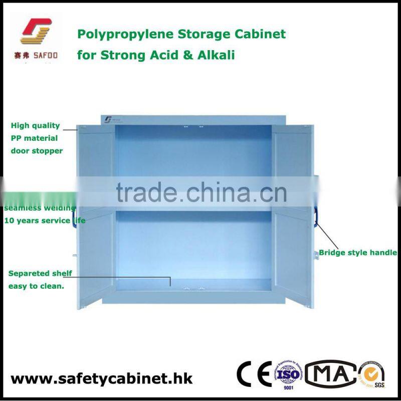 Mini white poly acid corrosive storage cabinets 2 padlocks six 2-1/2 liter bottles storage 1 door