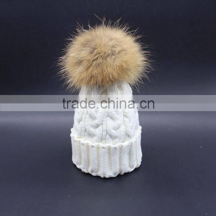 Hot Popular Real Raccon Fur Pompom Women Kintted Winter Wool Caps And Hats