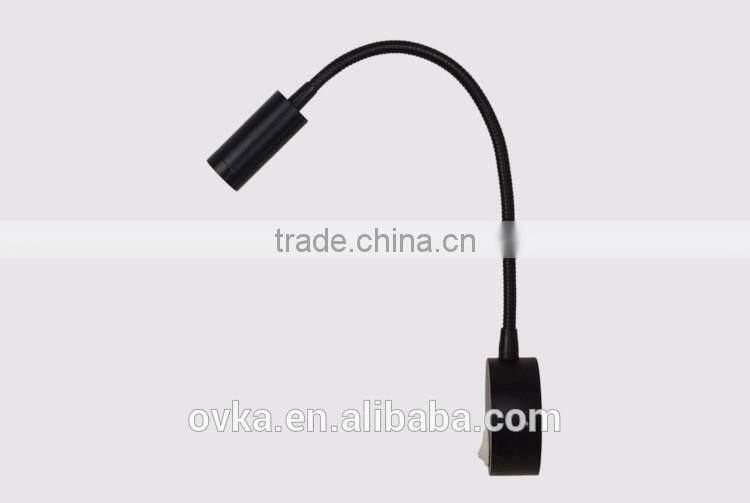 3W LED wall mount light for hotel bedside reading lamp with flexible gooseneck on/off switch