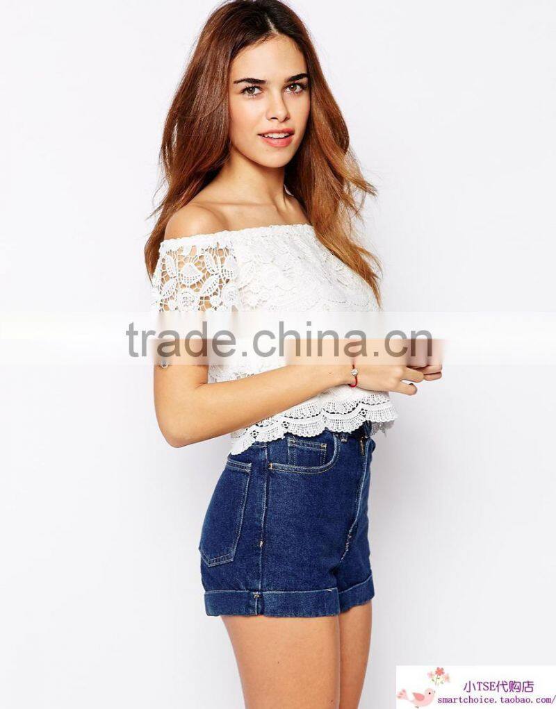 New Sexy Off the Shoulder Lace plain crop tops wholesale For Women Short Hollow Out Crochet Top