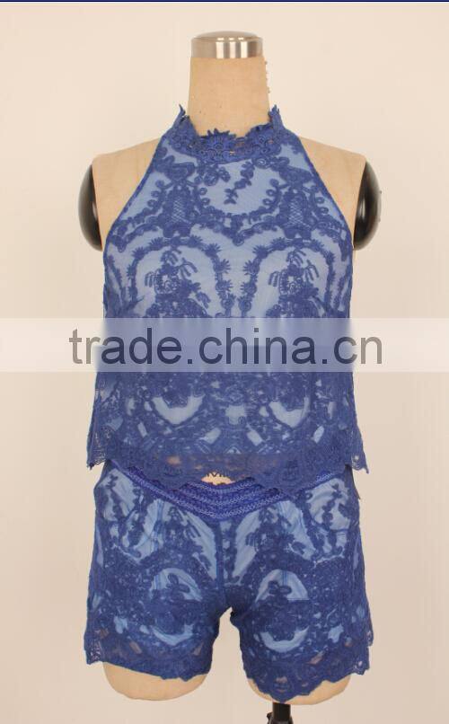 2016 pre-sale fashion lace short pants and sleeveless neck designs for ladies suit