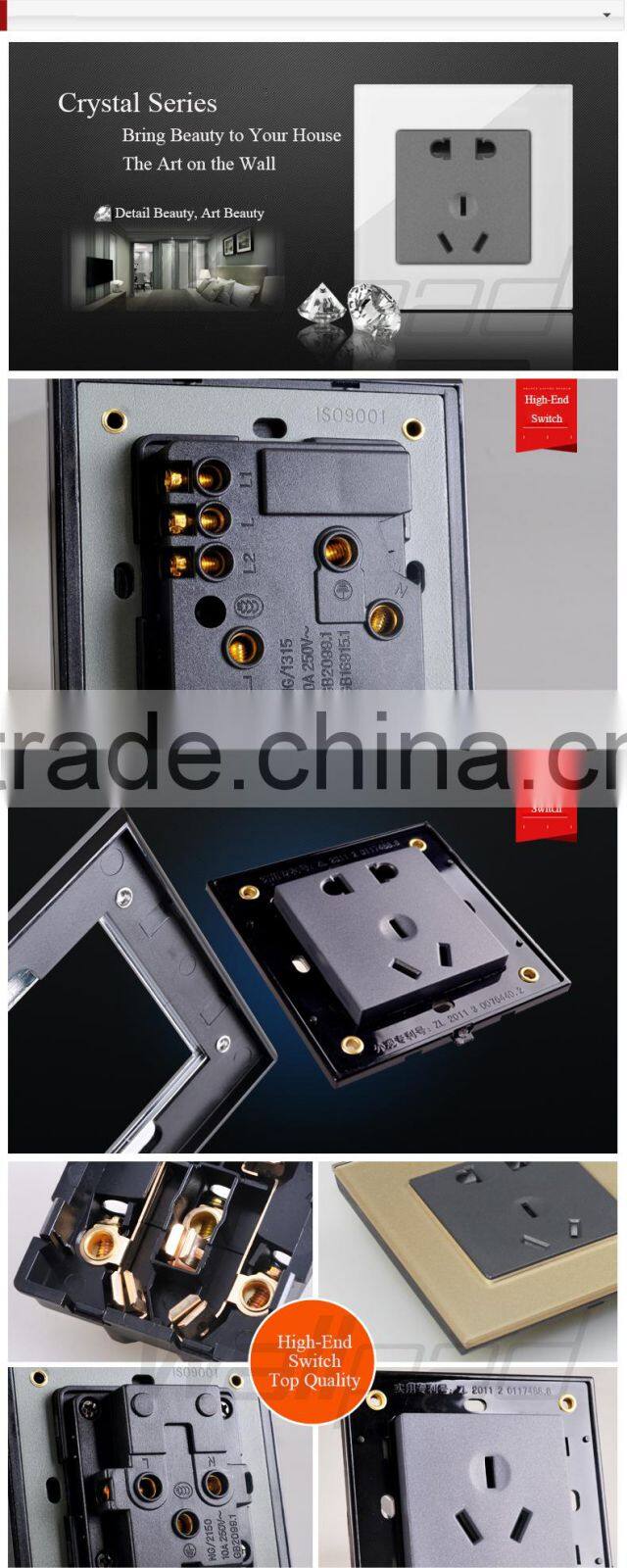 2015 China New Products Wallpad Luxury White Crystal Glass 1 Gang 3 Pin 15A UK Outlet Wall Light Electric Switch Socket