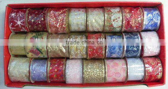 HOT SALE! Wired Gold Edge Trim Printing Woven Fabric Ribbon, Organdy Ribbons