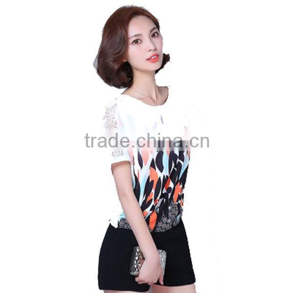 summer fashion printed women short sleeve hollow lace t-shirt
