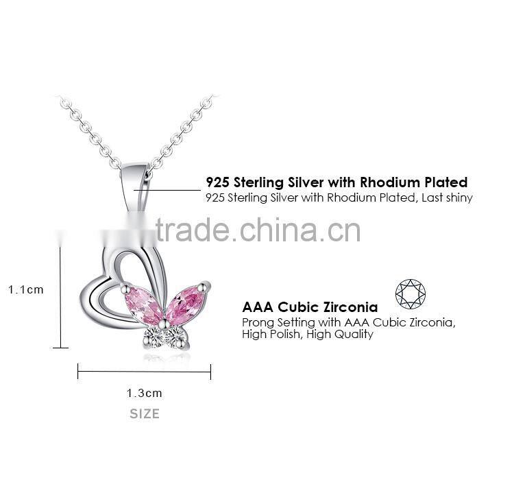 Sterling Silver Pink Stone Butterfly and Plain Heart Necklace