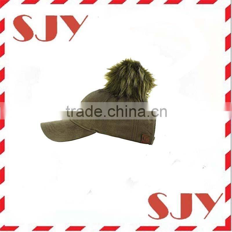 Women's Faux Leather Fur Pom Pom Adjustable Baseball Cap